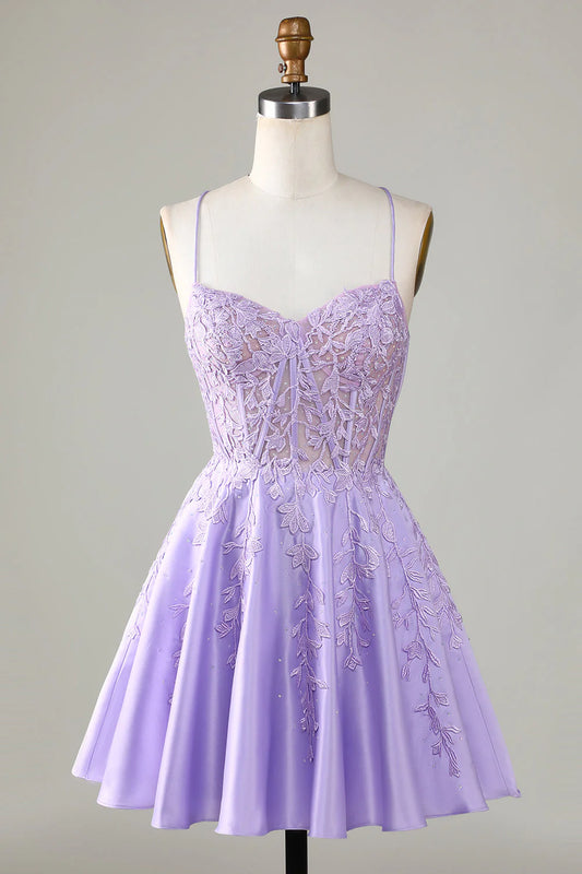 Amzcw Purple Corset A-Line Satin Short Homecoming Dress with Lace