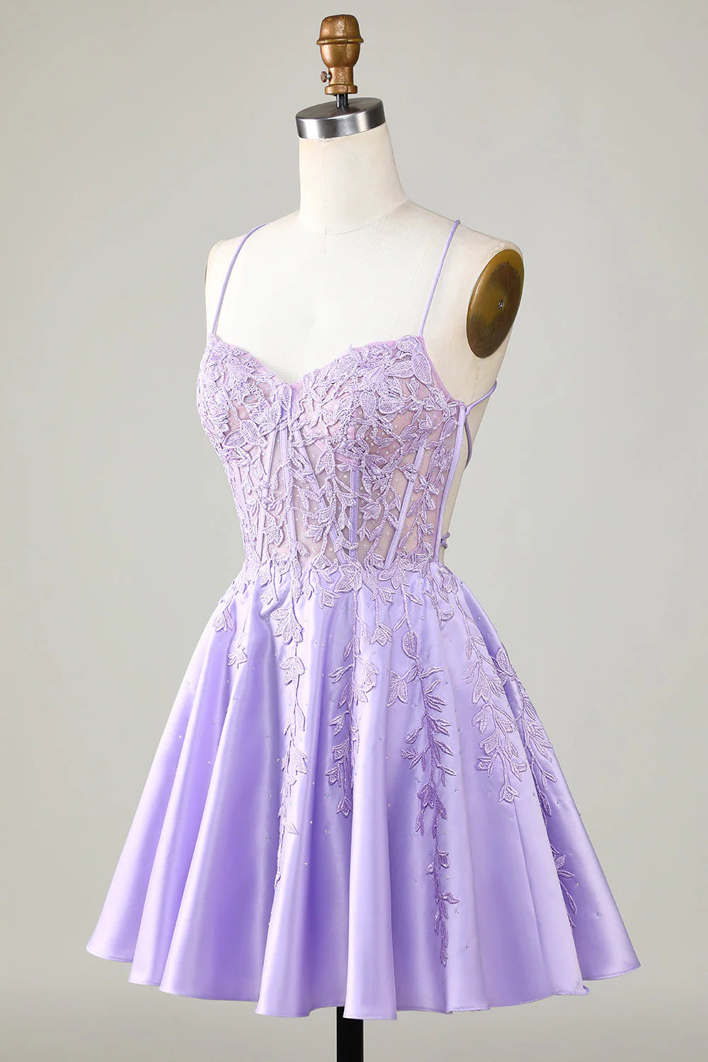 Amzcw Purple Corset A-Line Satin Short Homecoming Dress with Lace