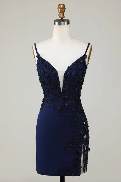 Amzcw Sparkly Navy Tight Corset Short Homecoming Dress with Lace