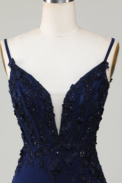 Amzcw Sparkly Navy Tight Corset Short Homecoming Dress with Lace