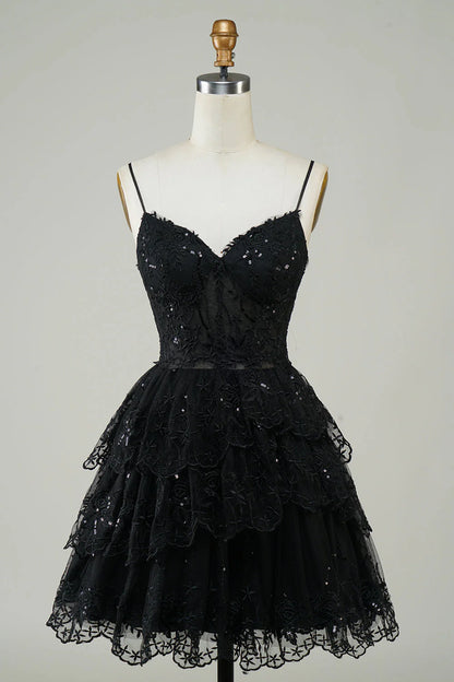 Amzcw Cute Black A Line Sparkly Sequin Tiered Corset Short Homecoming Dress