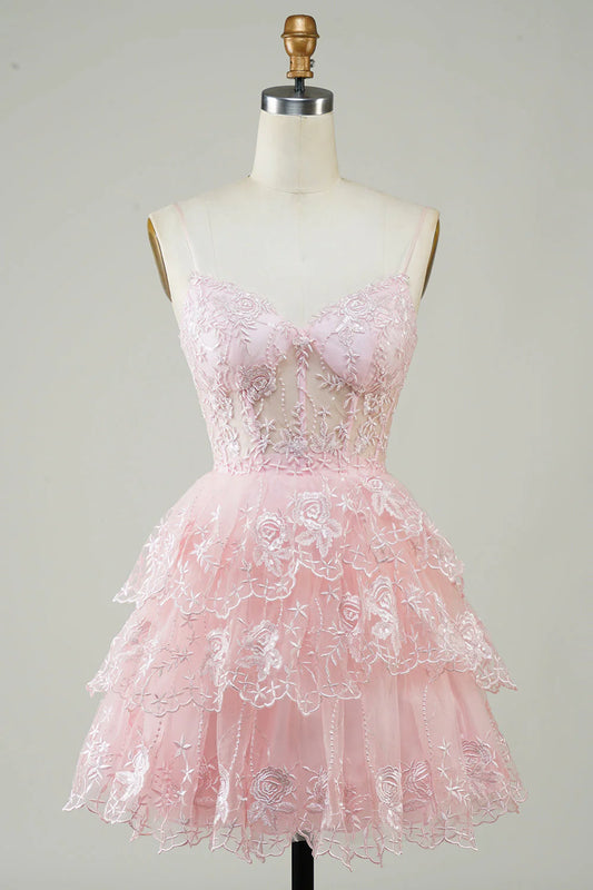 Amzcw Cute Pink A Line Spaghetti Straps Sparkly Sequin Tiered Corset Short Homecoming Dress
