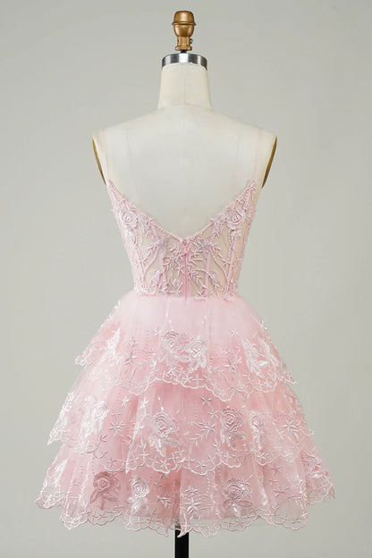 Amzcw Cute Pink A Line Spaghetti Straps Sparkly Sequin Tiered Corset Short Homecoming Dress