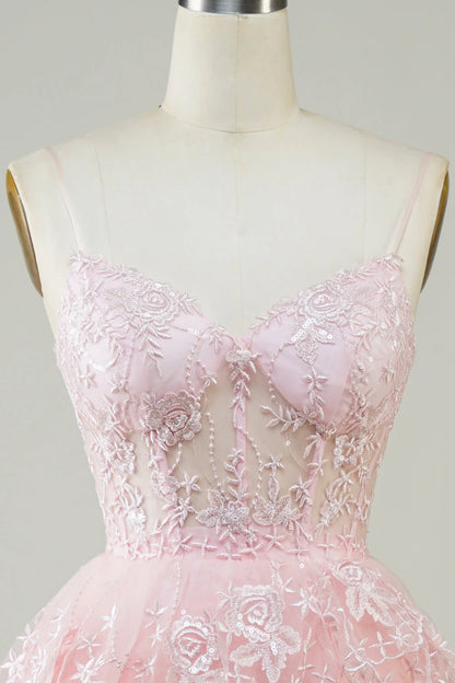 Amzcw Cute Pink A Line Spaghetti Straps Sparkly Sequin Tiered Corset Short Homecoming Dress