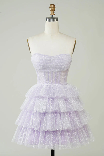 Amzcw Sparkly Lilac A Line Strapless Polka Dots Corset Tiered Short Homecoming Dress