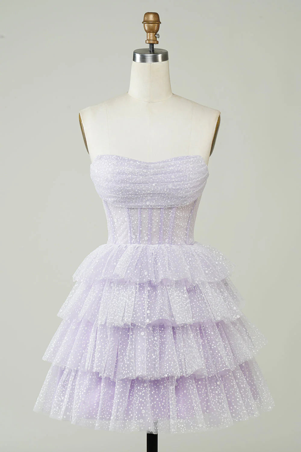 Amzcw Sparkly Lilac A Line Strapless Polka Dots Corset Tiered Short Homecoming Dress