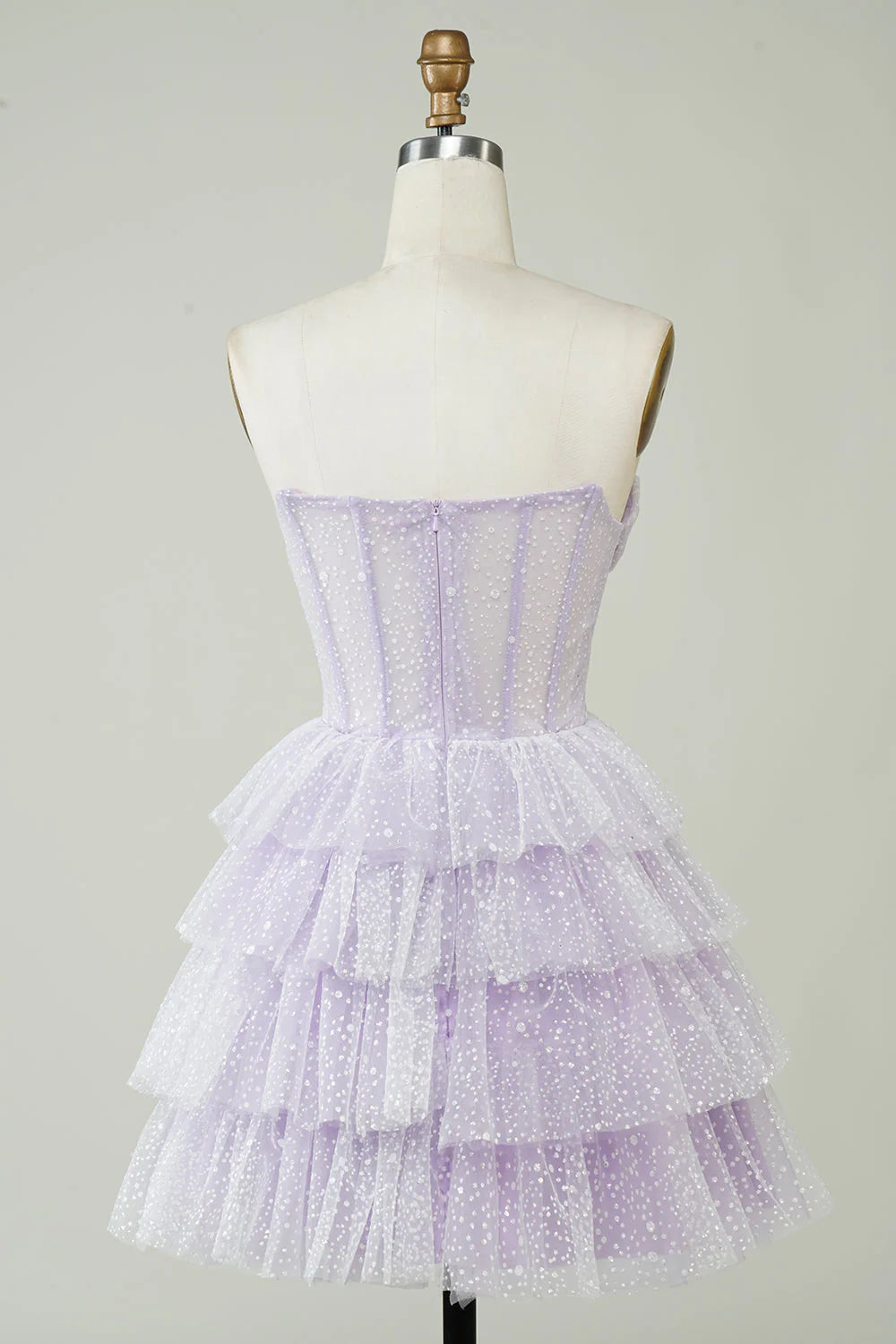 Amzcw Sparkly Lilac A Line Strapless Polka Dots Corset Tiered Short Homecoming Dress