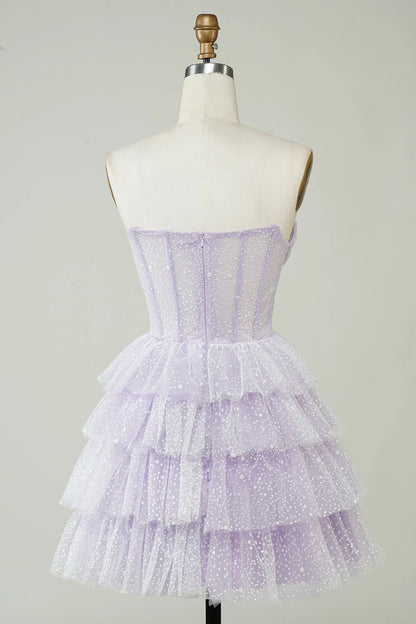 Amzcw Sparkly Lilac A Line Strapless Polka Dots Corset Tiered Short Homecoming Dress