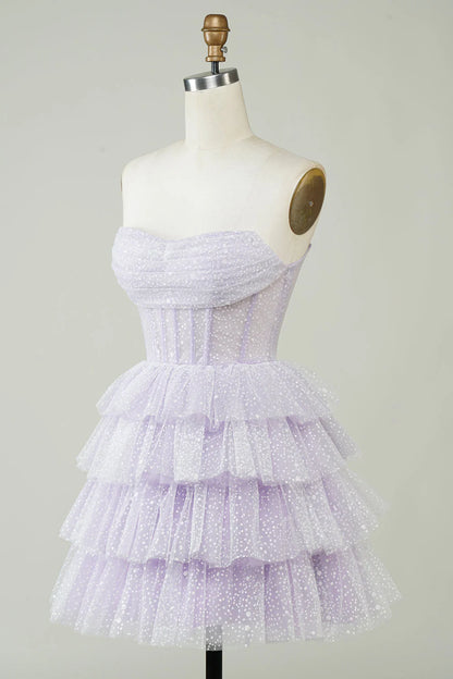 Amzcw Sparkly Lilac A Line Strapless Polka Dots Corset Tiered Short Homecoming Dress