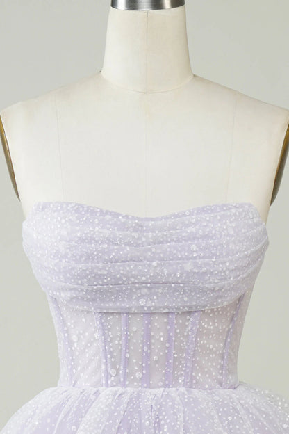 Amzcw Sparkly Lilac A Line Strapless Polka Dots Corset Tiered Short Homecoming Dress