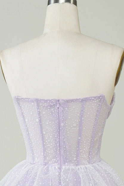 Amzcw Sparkly Lilac A Line Strapless Polka Dots Corset Tiered Short Homecoming Dress