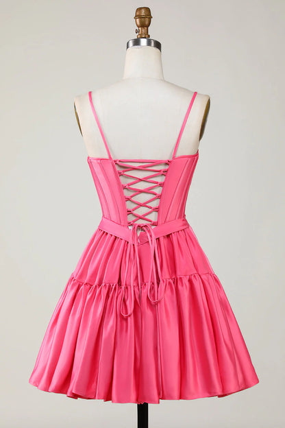 Amzcw Cute Fuchsia A Line Spaghetti Straps Corset Ruffle Homecoming Dress with Bows