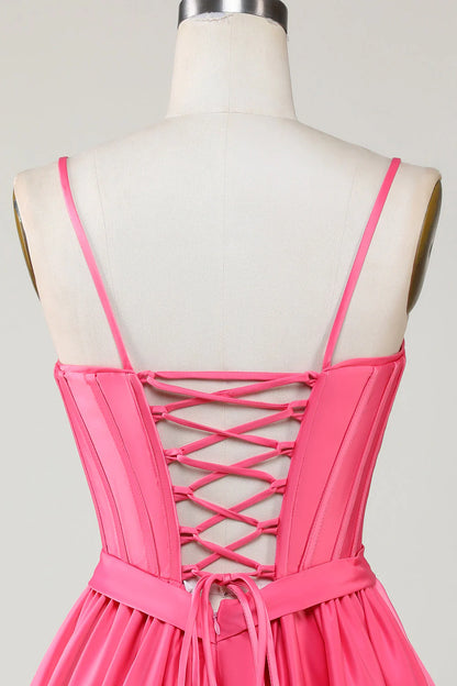 Amzcw Cute Fuchsia A Line Spaghetti Straps Corset Ruffle Homecoming Dress with Bows