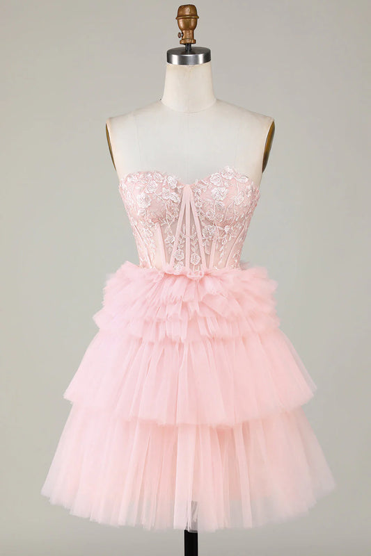 Amzcw Trendy A Line Sweetheart Tiered Pink Short Homecoming Dress with Ruffles
