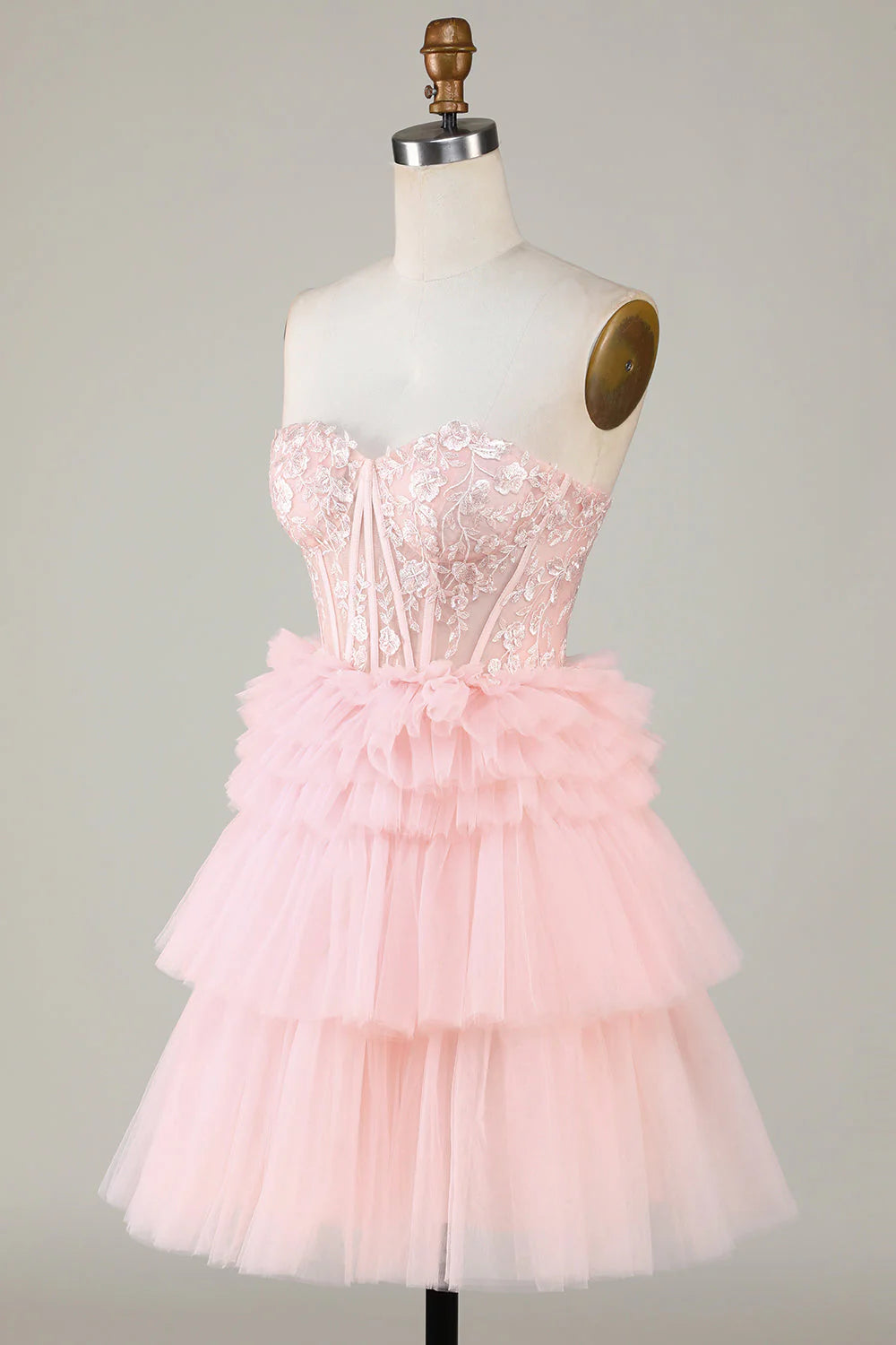 Amzcw Trendy A Line Sweetheart Tiered Pink Short Homecoming Dress with Ruffles