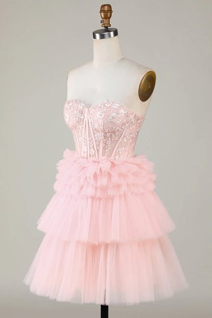 Amzcw Trendy A Line Sweetheart Tiered Pink Short Homecoming Dress with Ruffles