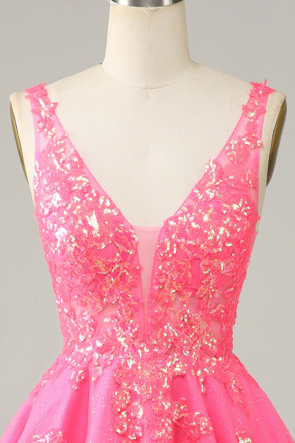 Amzcw Sparkly Fuchsia Sequined V Neck Backless Short Homecoming Dress