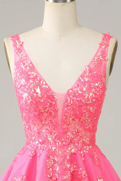 Amzcw Sparkly Fuchsia Sequined V Neck Backless Short Homecoming Dress