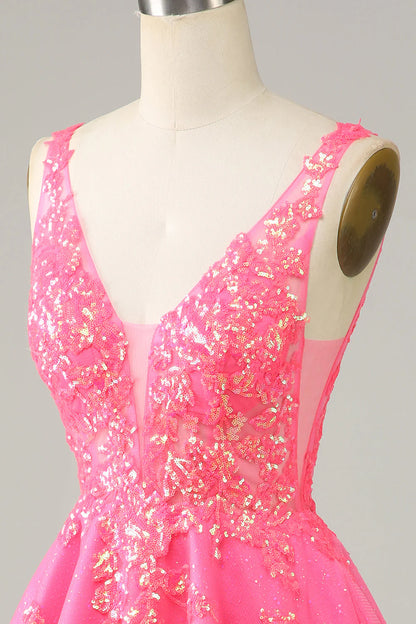 Amzcw Sparkly Fuchsia Sequined V Neck Backless Short Homecoming Dress