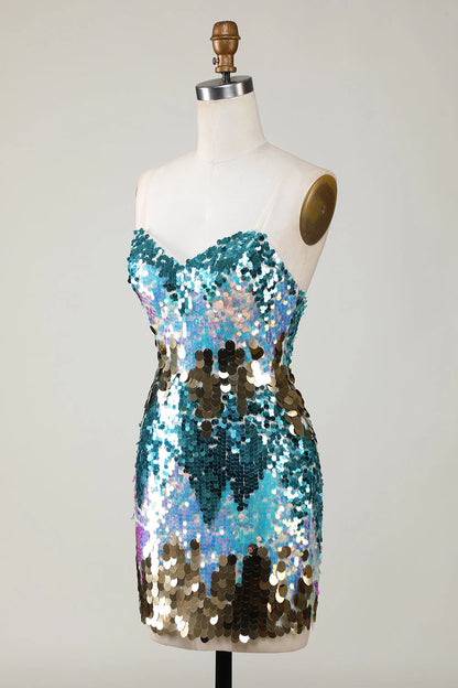 Amzcw Sparkly Blue Sheath Sweetheart Sequin Tight Short Homecoming Dress