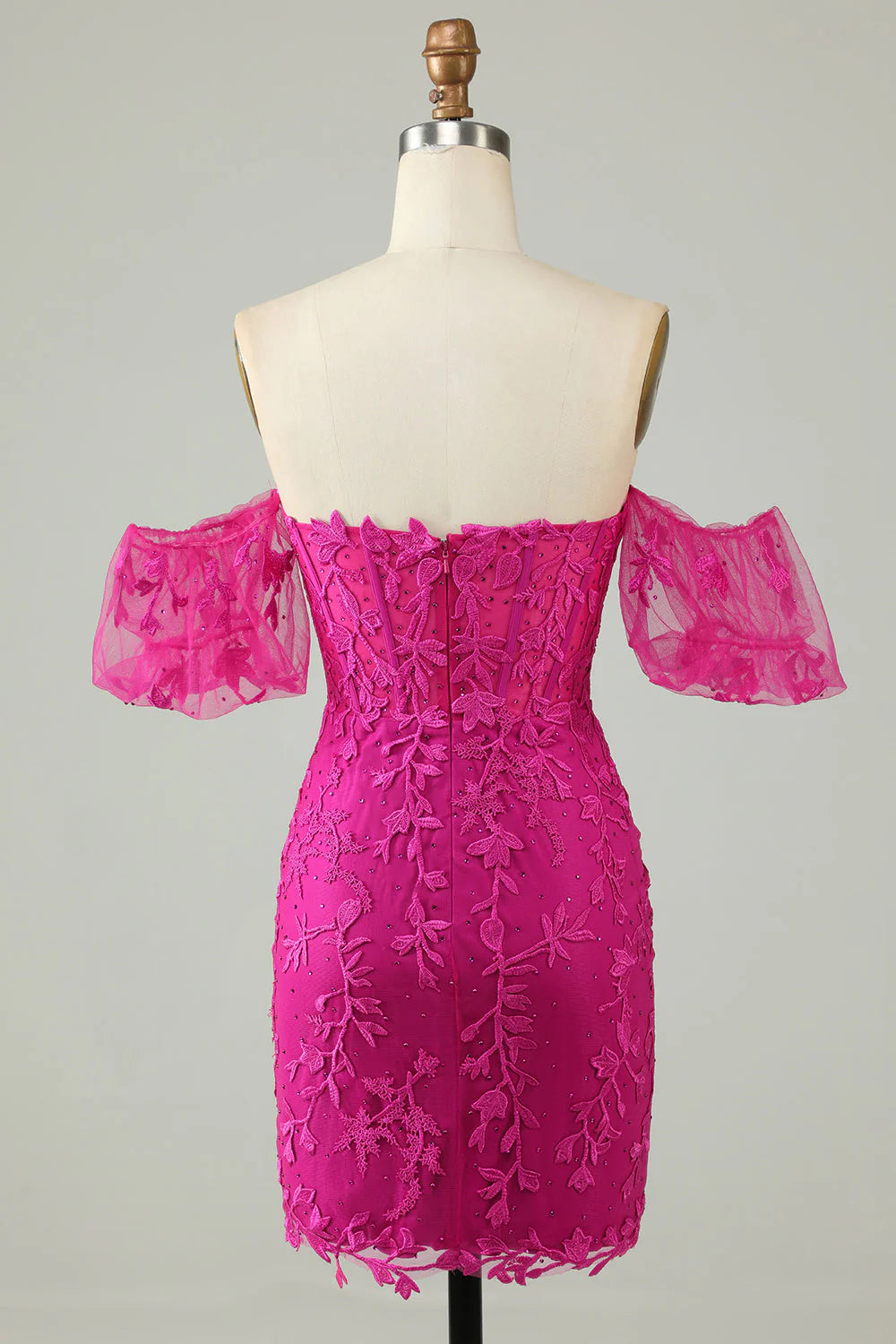 Amzcw Fuchsia Sheath Off the Shoulder Short Homecoming Dress With Appliques