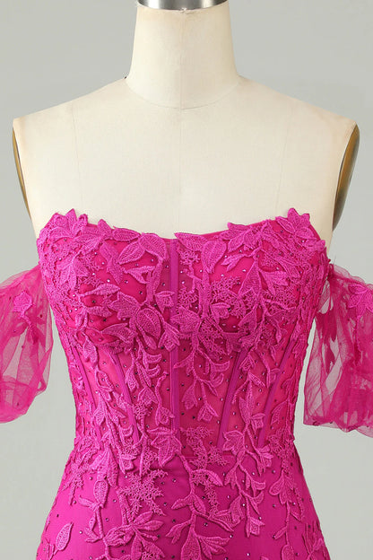 Amzcw Fuchsia Sheath Off the Shoulder Short Homecoming Dress With Appliques