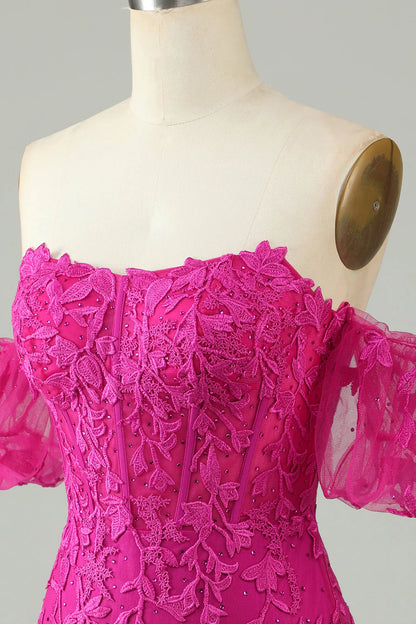 Amzcw Fuchsia Sheath Off the Shoulder Short Homecoming Dress With Appliques