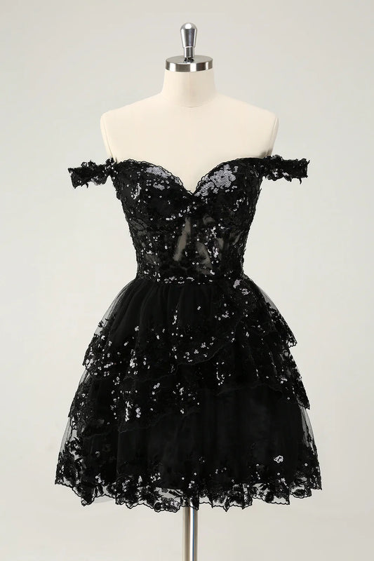 Amzcw Sparkly Black A Line Off The Shoulder Corset Tiered Short Homecoming Dress