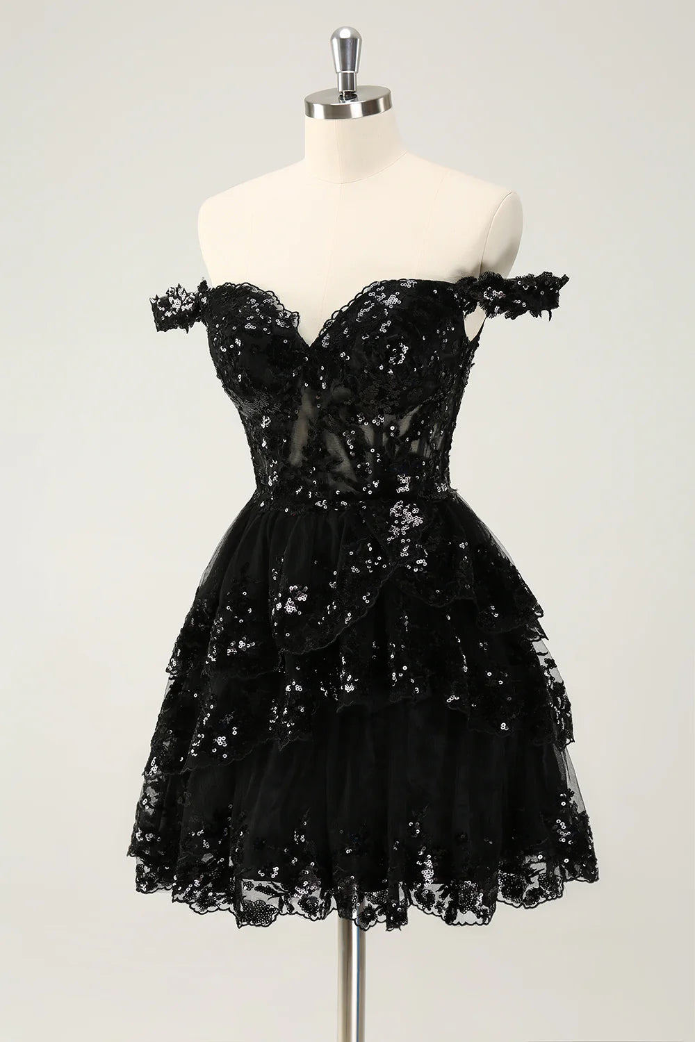Amzcw Sparkly Black A Line Off The Shoulder Corset Tiered Short Homecoming Dress