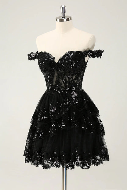 Amzcw Sparkly Black A Line Off The Shoulder Corset Tiered Short Homecoming Dress