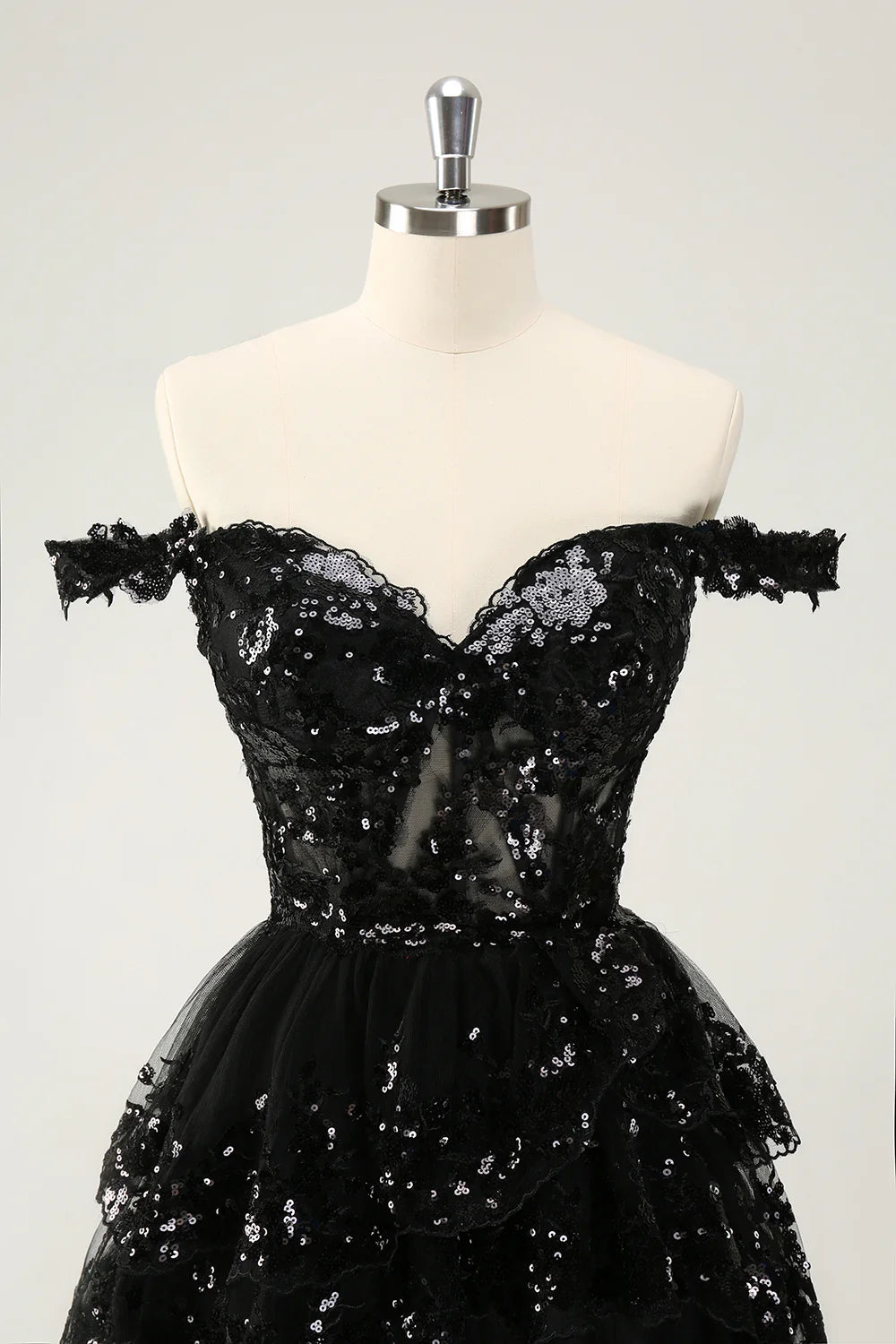 Amzcw Sparkly Black A Line Off The Shoulder Corset Tiered Short Homecoming Dress
