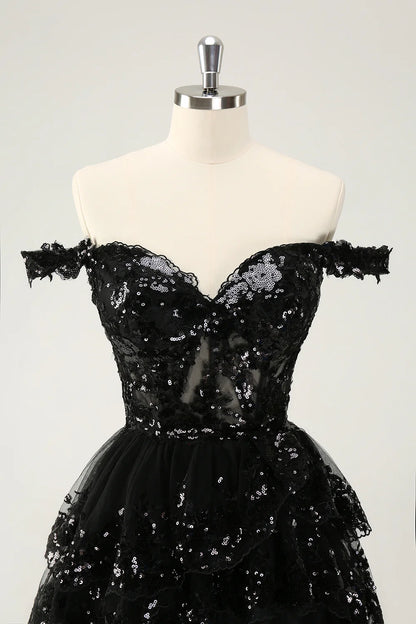 Amzcw Sparkly Black A Line Off The Shoulder Corset Tiered Short Homecoming Dress