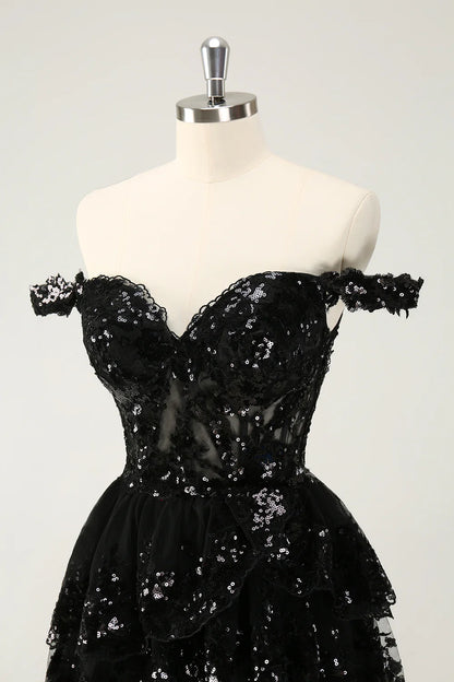 Amzcw Sparkly Black A Line Off The Shoulder Corset Tiered Short Homecoming Dress