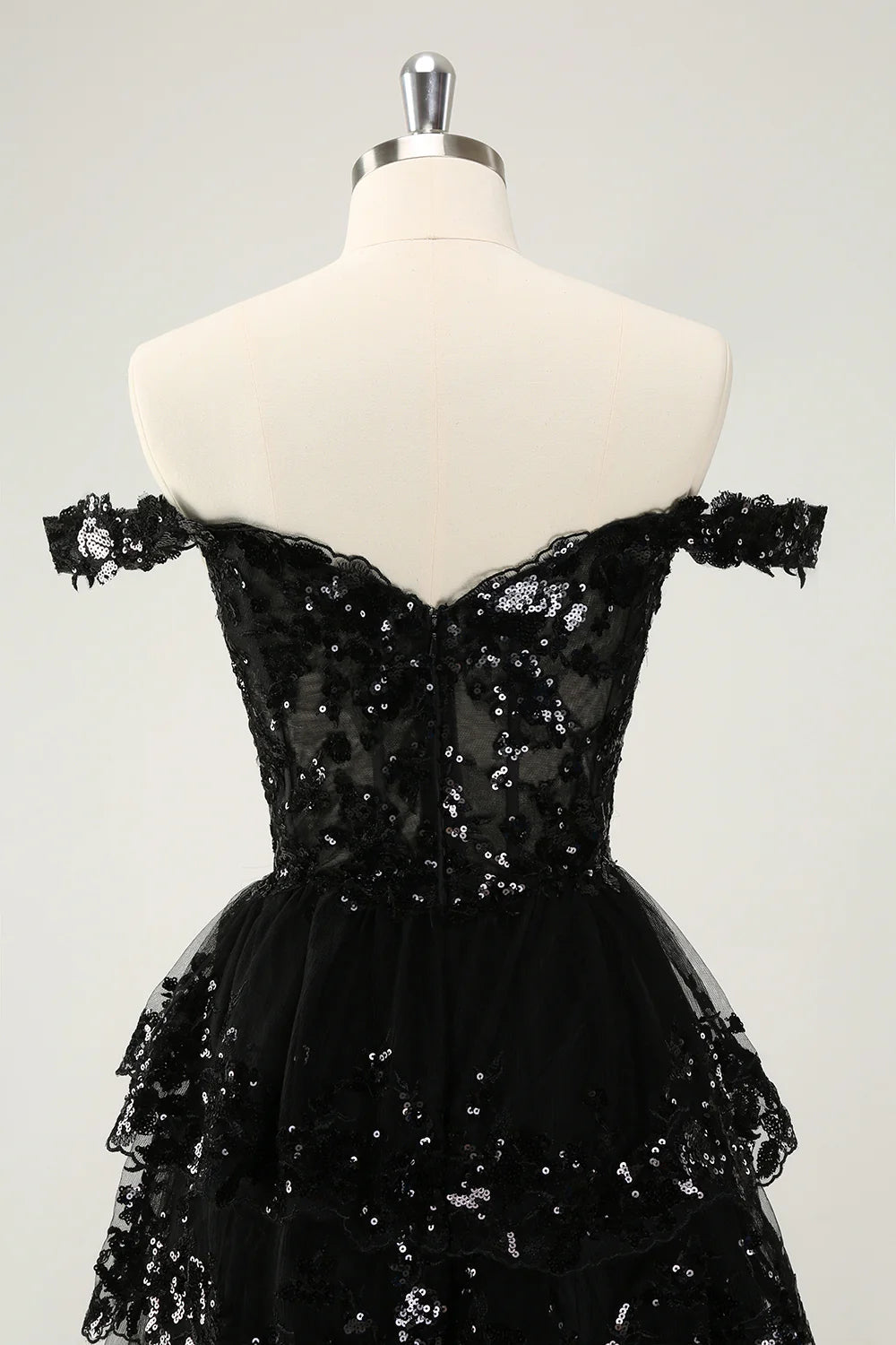 Amzcw Sparkly Black A Line Off The Shoulder Corset Tiered Short Homecoming Dress