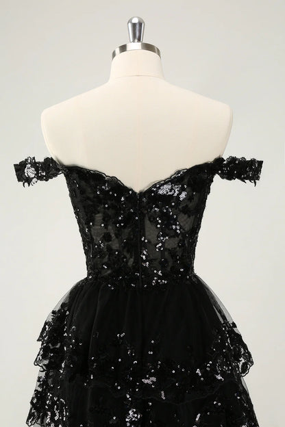 Amzcw Sparkly Black A Line Off The Shoulder Corset Tiered Short Homecoming Dress