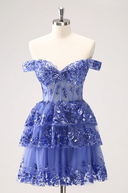 Amzcw Sparkly Dark Blue A Line Off The Shoulder Corset Tiered Short Homecoming Dress with Sequins