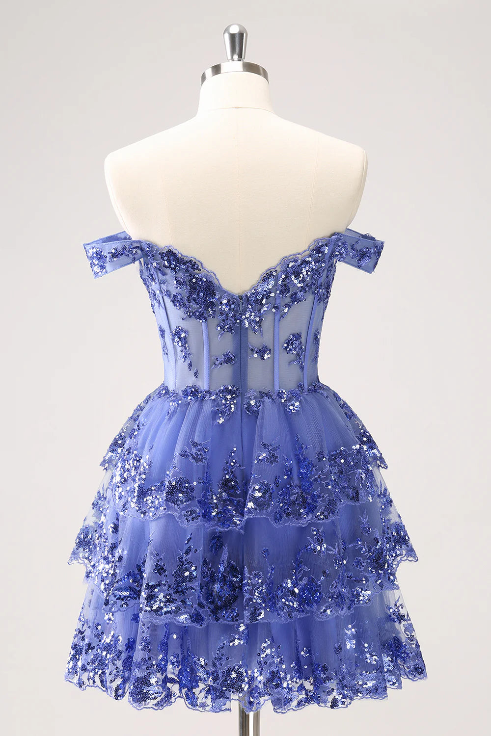 Amzcw Sparkly Dark Blue A Line Off The Shoulder Corset Tiered Short Homecoming Dress with Sequins