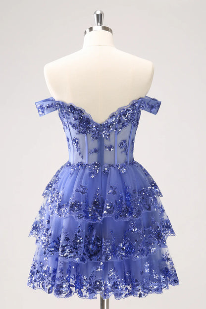 Amzcw Sparkly Dark Blue A Line Off The Shoulder Corset Tiered Short Homecoming Dress with Sequins