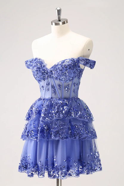 Amzcw Sparkly Dark Blue A Line Off The Shoulder Corset Tiered Short Homecoming Dress with Sequins