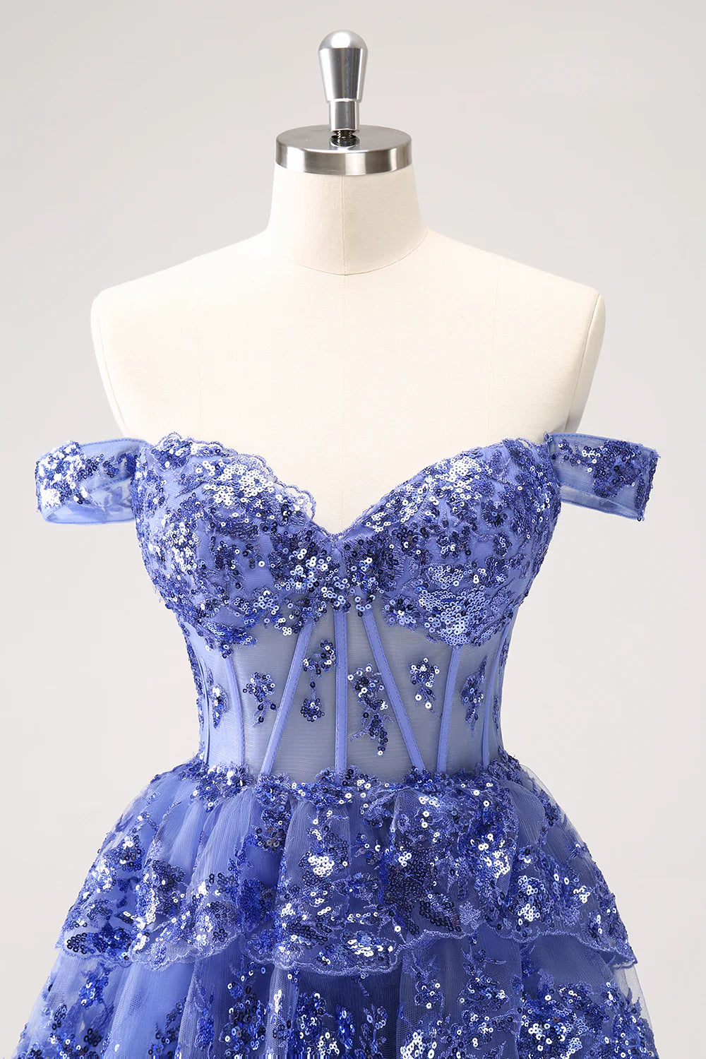 Amzcw Sparkly Dark Blue A Line Off The Shoulder Corset Tiered Short Homecoming Dress with Sequins