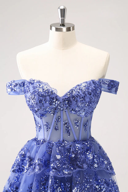 Amzcw Sparkly Dark Blue A Line Off The Shoulder Corset Tiered Short Homecoming Dress with Sequins