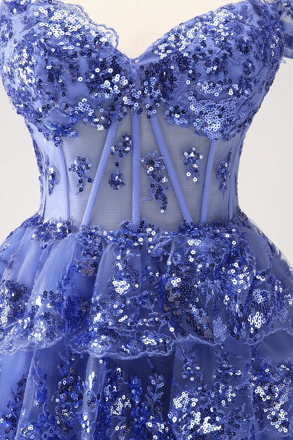 Amzcw Sparkly Dark Blue A Line Off The Shoulder Corset Tiered Short Homecoming Dress with Sequins
