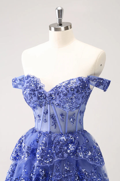 Amzcw Sparkly Dark Blue A Line Off The Shoulder Corset Tiered Short Homecoming Dress with Sequins