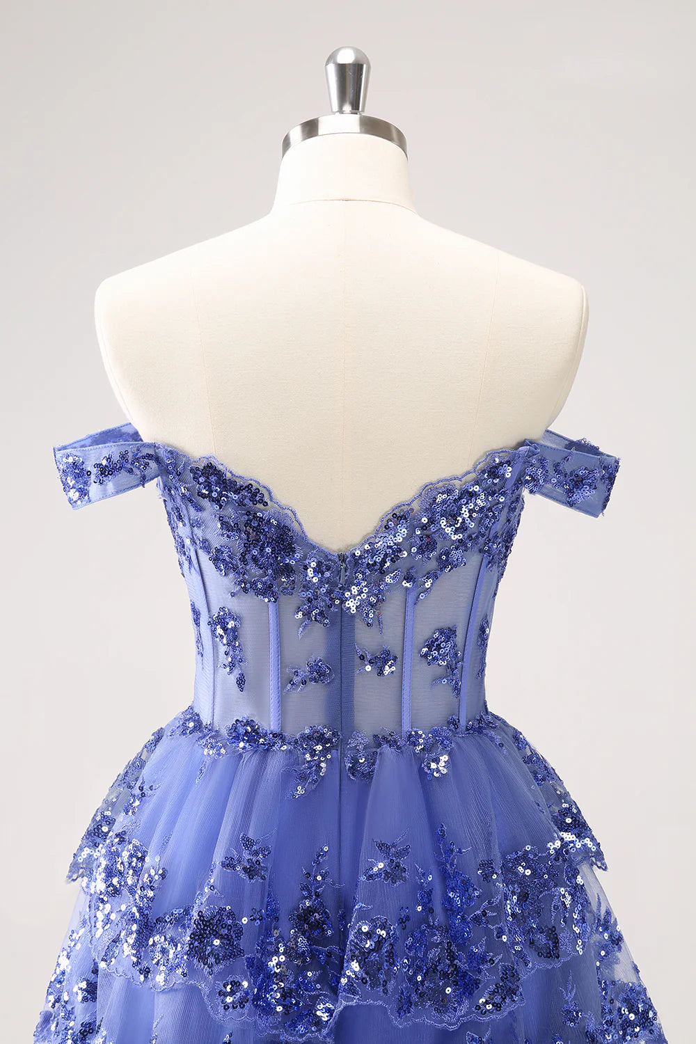 Amzcw Sparkly Dark Blue A Line Off The Shoulder Corset Tiered Short Homecoming Dress with Sequins