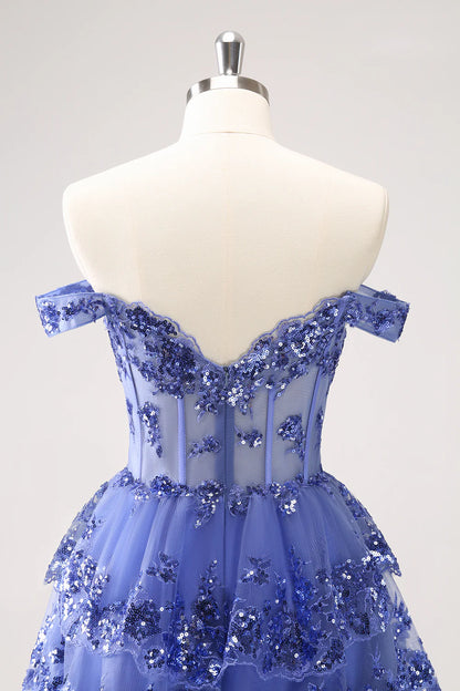 Amzcw Sparkly Dark Blue A Line Off The Shoulder Corset Tiered Short Homecoming Dress with Sequins