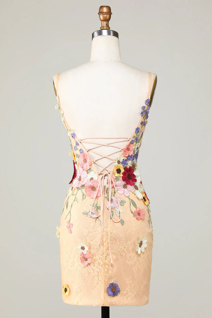 Amzcw Champagne Bodycon Deep V-Neck Short Homecoming Dress with Appliques