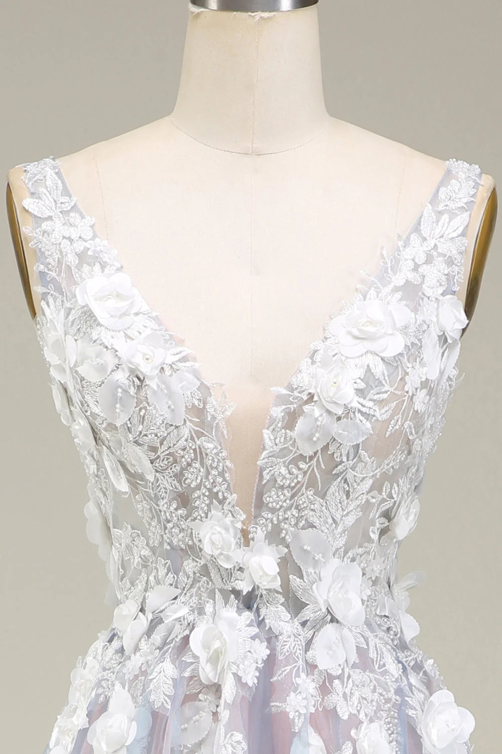 Amzcw Gorgeous Grey Pink A Line Deep V Neck Long Prom Dress with Appliques prom dresses with long sleeves