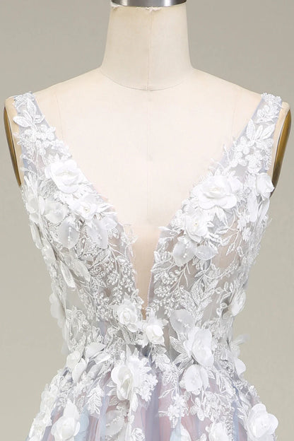 Amzcw Gorgeous Grey Pink A Line Deep V Neck Long Prom Dress with Appliques prom dresses with long sleeves