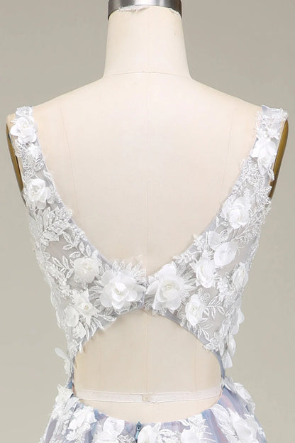 Amzcw Gorgeous Grey Pink A Line Deep V Neck Long Prom Dress with Appliques prom dresses with long sleeves