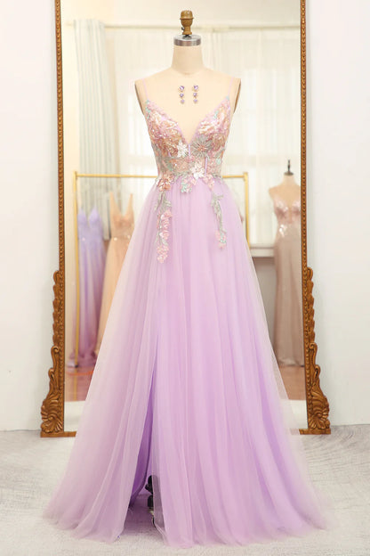Amzcw A-Line Spaghetti Straps Long Lilac Prom Dress with Flowers